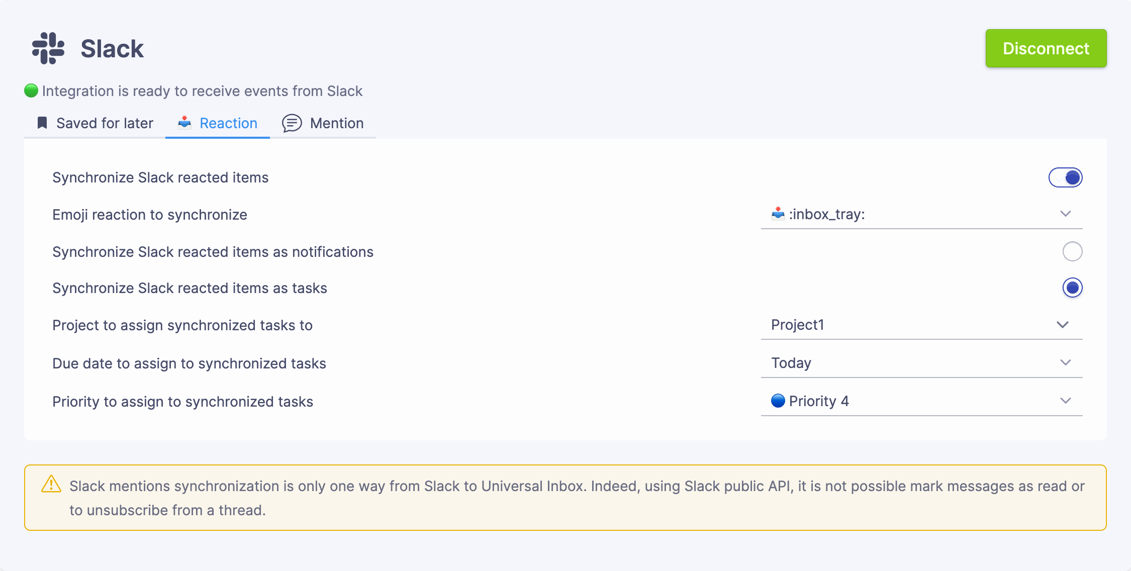 Slack reaction integration configuration