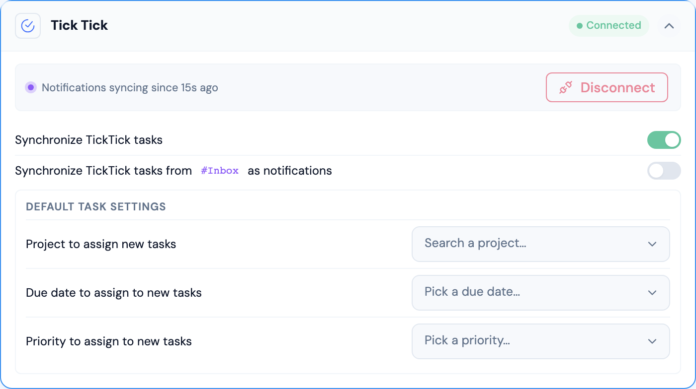 TickTick integration configuration