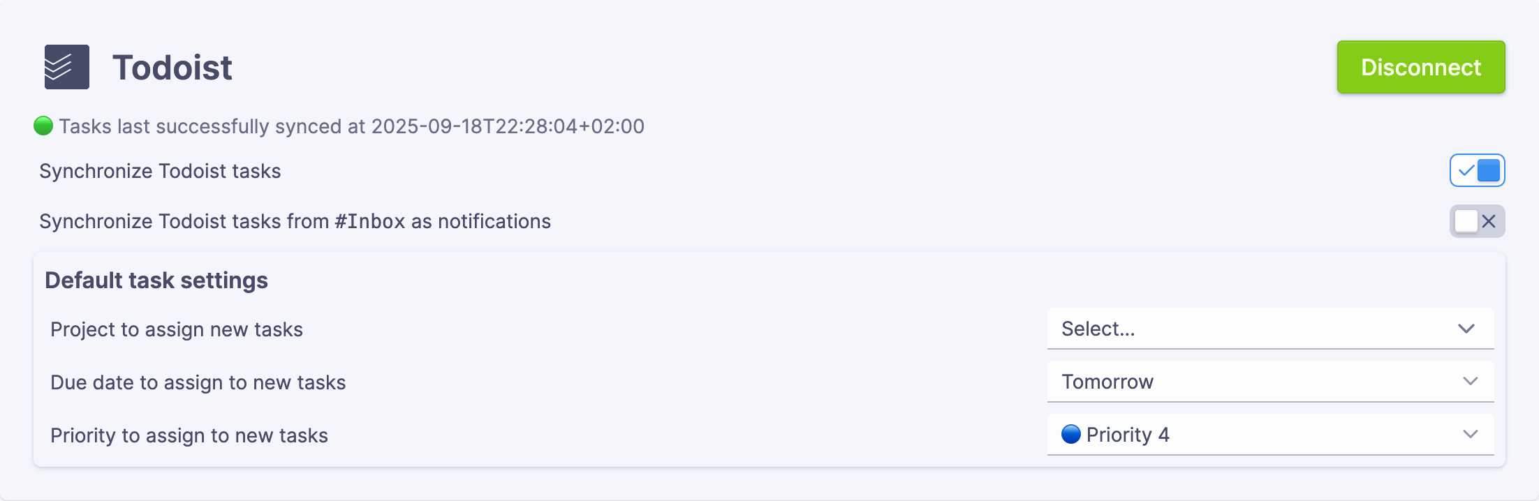 Todoist integration settings