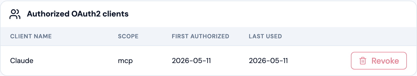 Authorized OAuth clients on the Security page