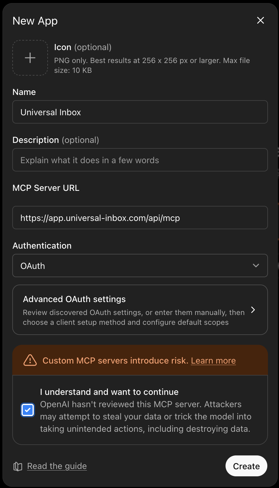 ChatGPT custom connector dialog with the Universal Inbox MCP URL
