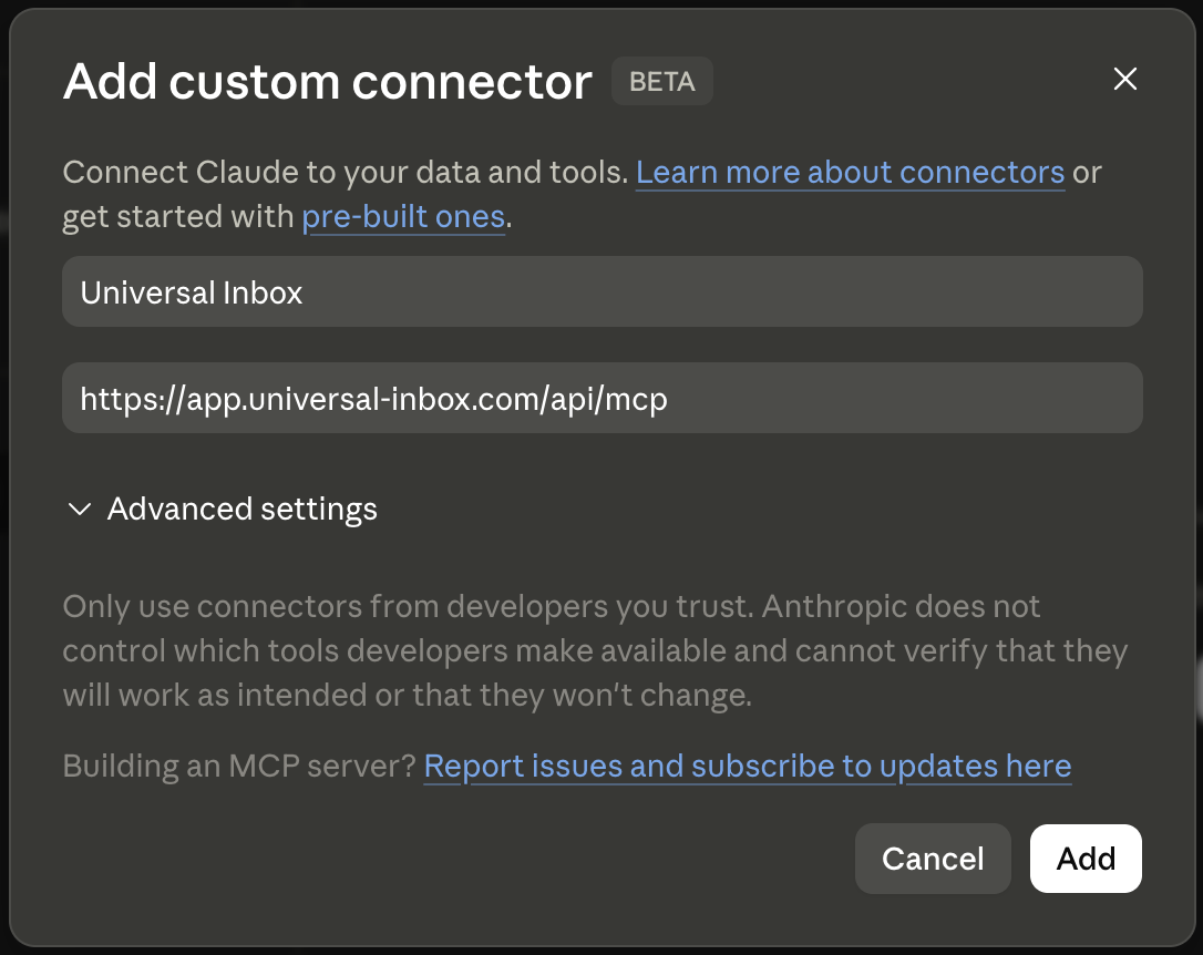 Claude Desktop custom connector dialog with the Universal Inbox MCP URL filled in