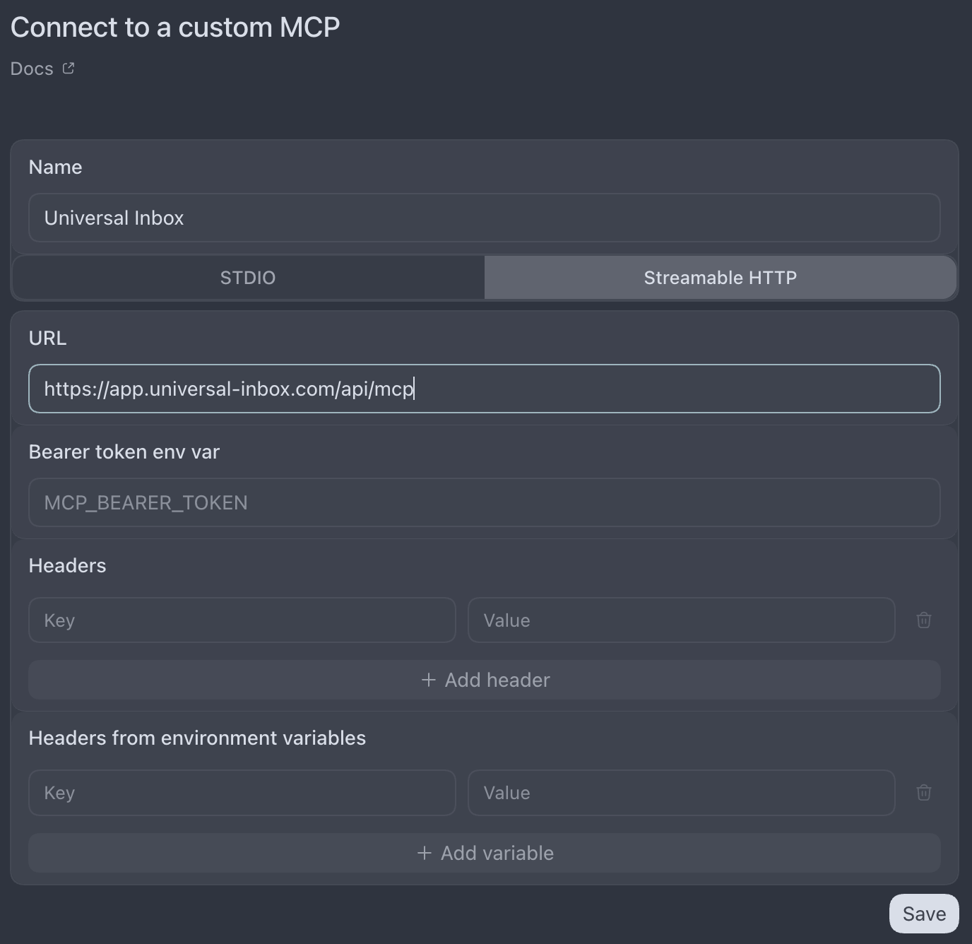 Codex IDE MCP settings showing the universal-inbox server connected