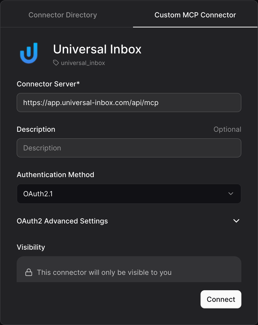 Le Chat custom MCP connector form with the Universal Inbox MCP URL and OAuth2.1 authentication selected