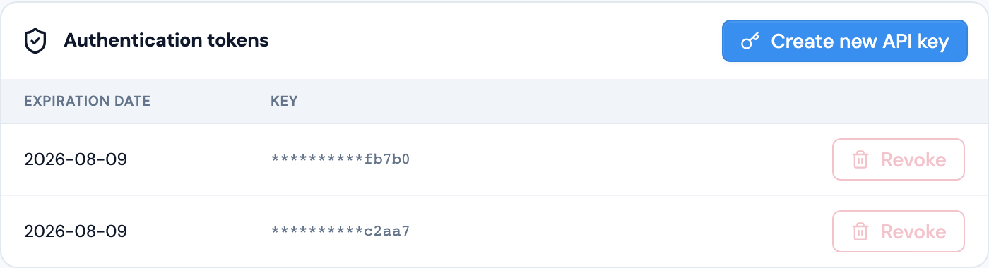 API keys on the Security page