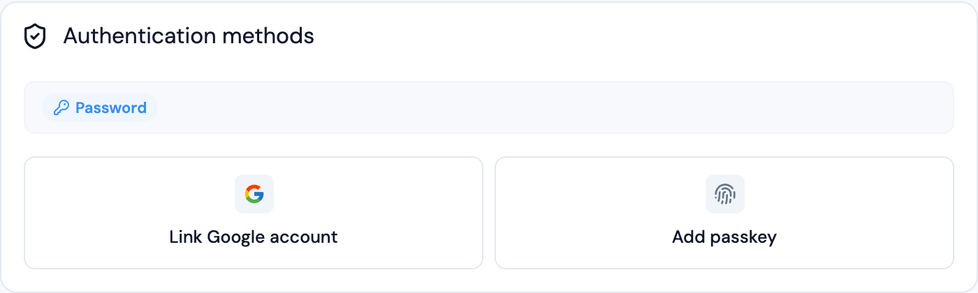 Authentication methods on the profile page