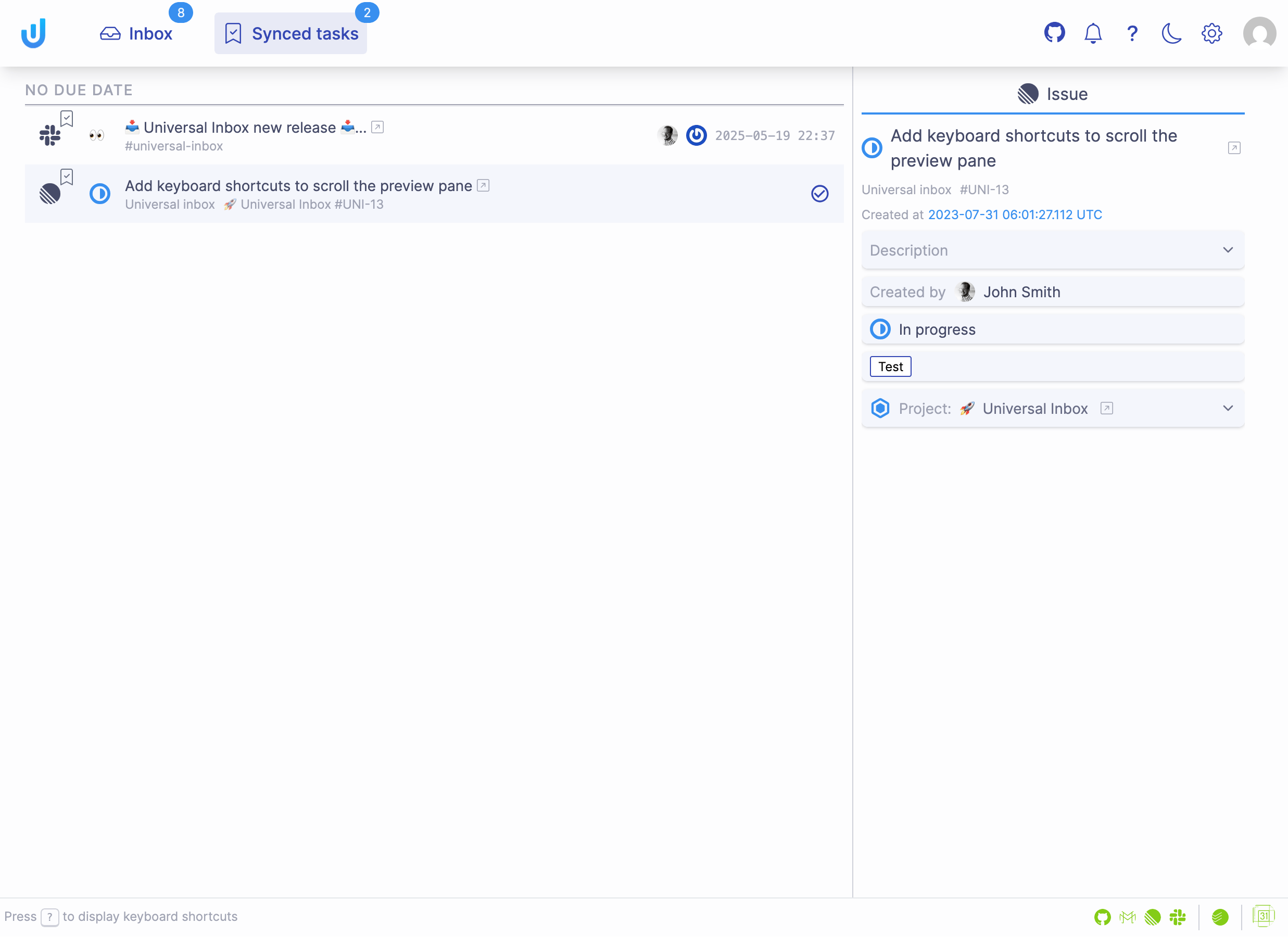 The synced tasks screen